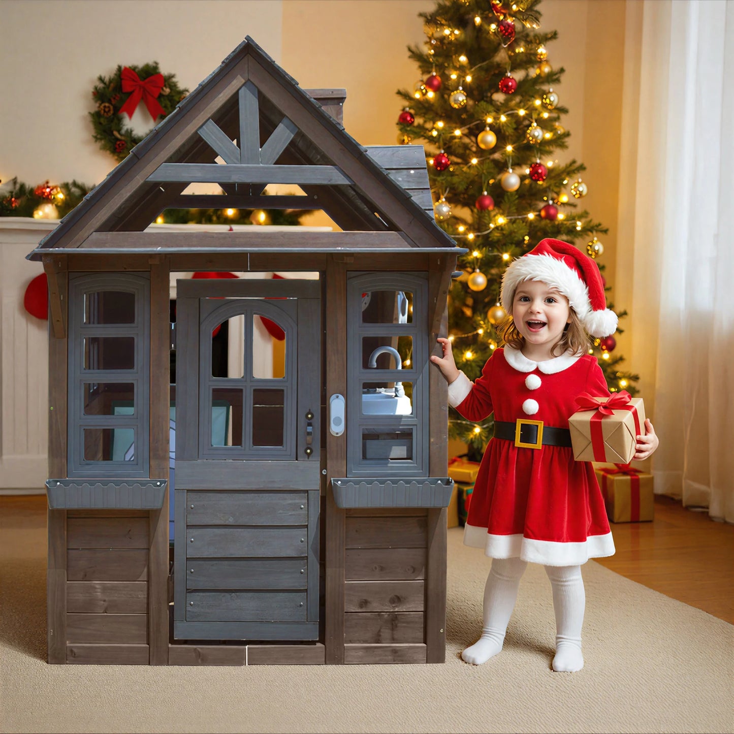 COCLUB Outdoor Playhouse for Kids Ages 4-8, Wooden Play House with Doorbell, Phone, Kitchen Toys, Outdoor Kids Play Equipment, Casa Para Ni?as (45L x 65H), White & Black