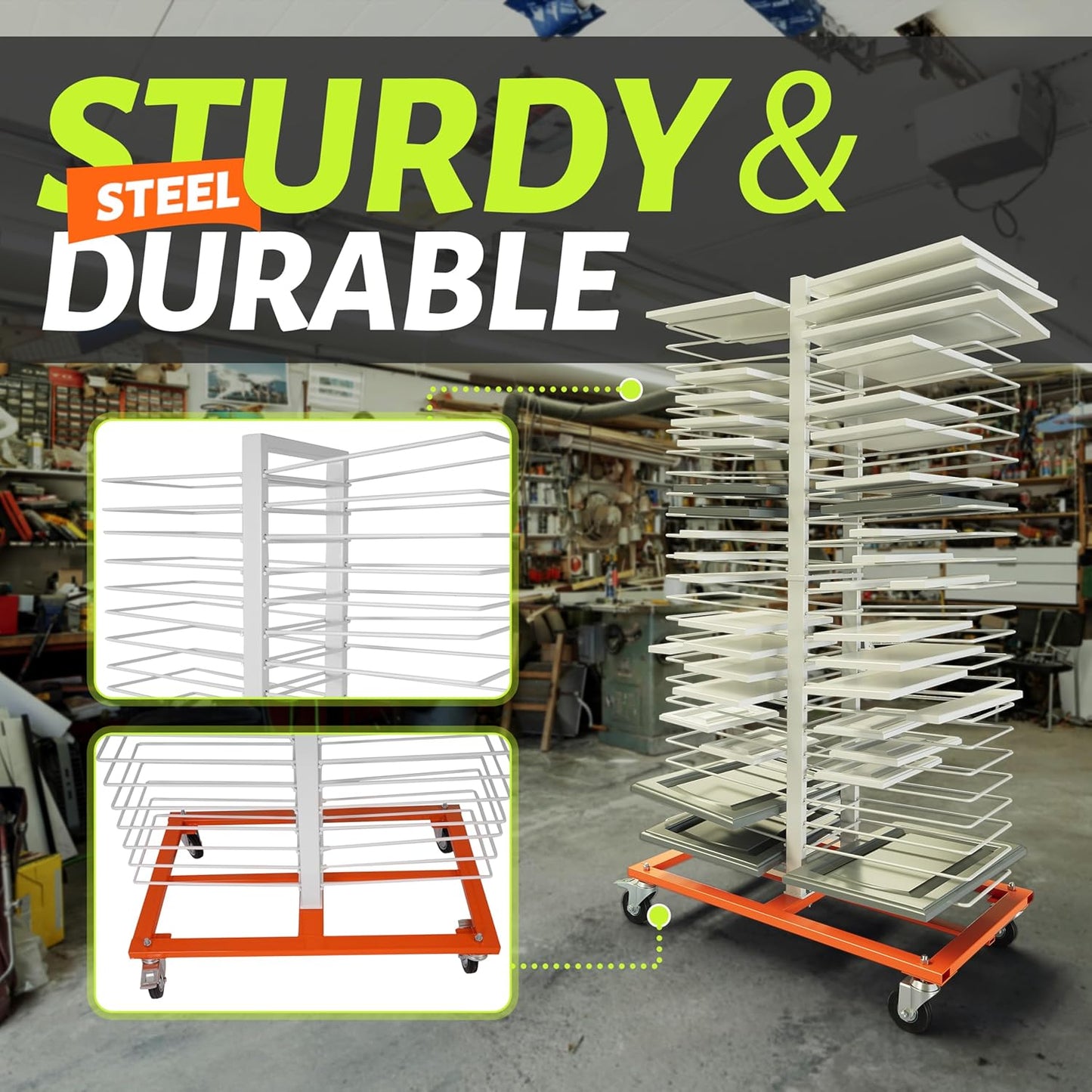 50-Shelf Paint Drying Rack with Wheels, 25lbs/Shelf, Orange/White