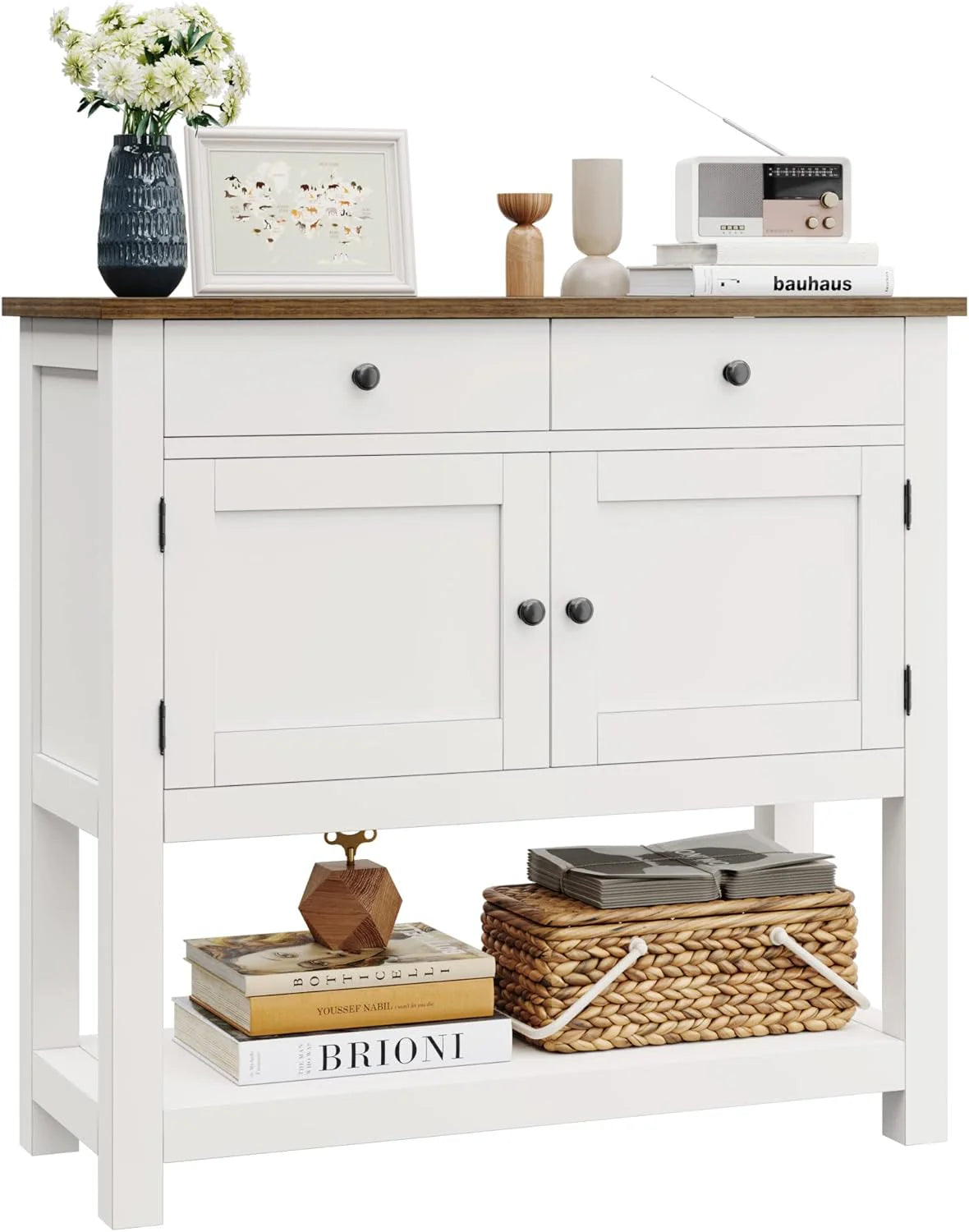 HOSTACK Farmhouse Console Table with 2-Door Cabinet & 2 Drawers, Coffee Bar, Entryway Table with Storage Shelf, Sofa Tables Buffet Sideboard for Kitchen, Hallway, Dining, Living Room, Rustic Brown
