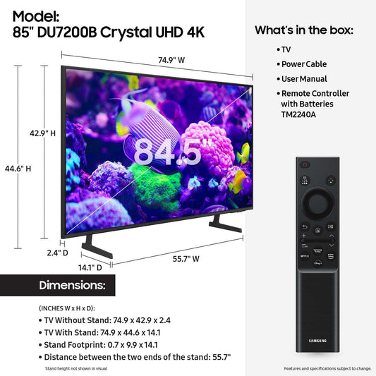 Samsung 85′′ DU7200B Crystal UHD 4K Smart TV with HDR, Motion Xcelerator, and Object Tracking Sound Lite