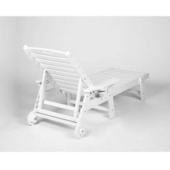 3-Piece Patio Set 2 Oversized Chaise Lounges (5-Position, Wheels, Cup Holder) + Side Table, All-Weather Wood Texture.