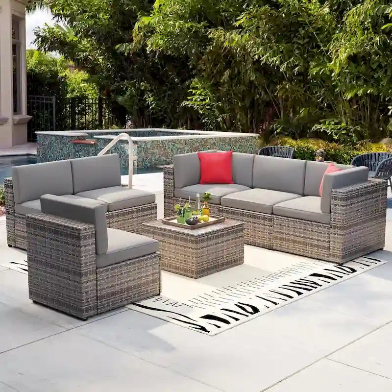 7 Pieces Outdoor Patio Furniture Sets Wicker Sectional Sofa PE Rattan Conversation Sets with Cushions