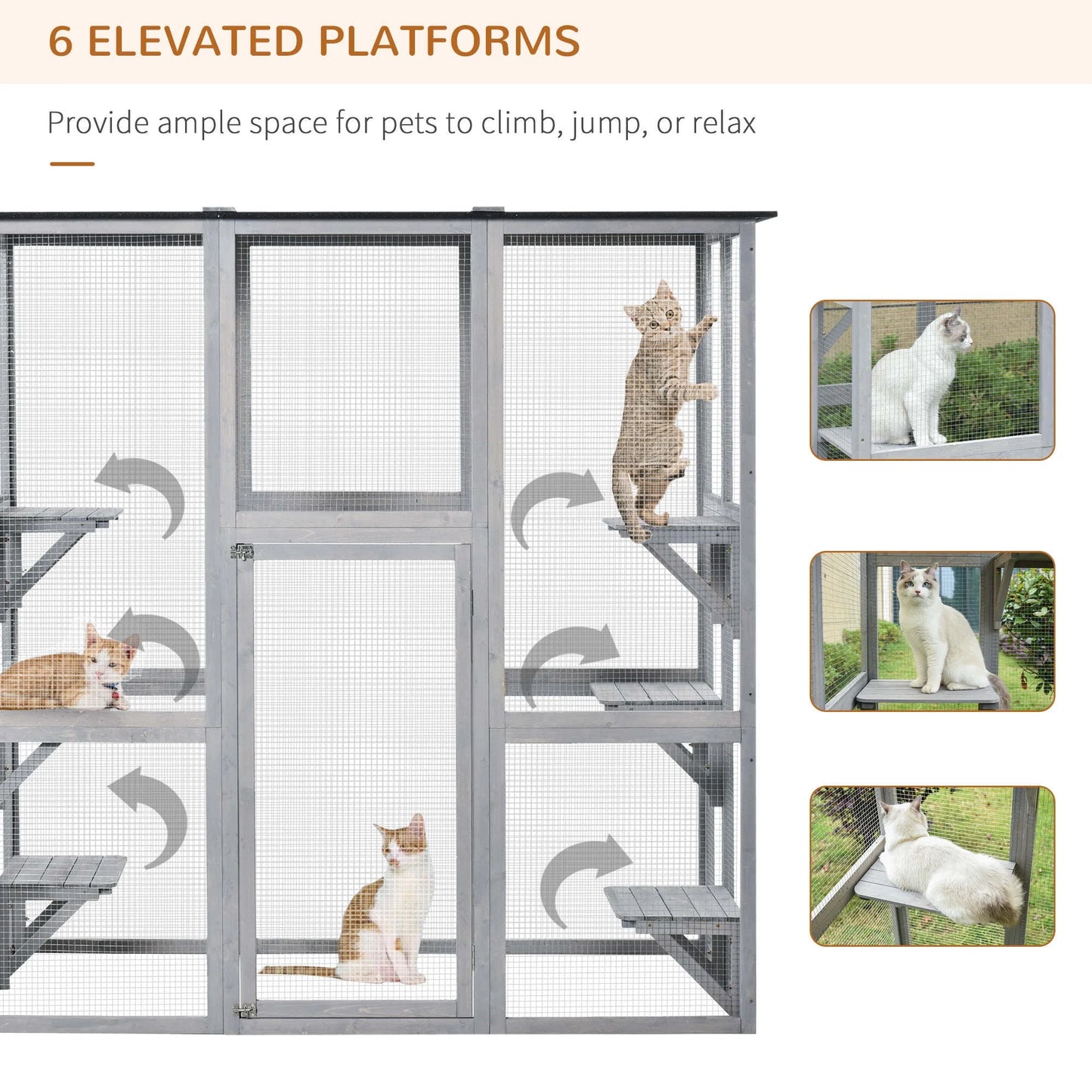 PawHut Wooden Catio Enclosure with Weather Protection, 6 Platforms, Outdoor, Large, 71" x 38.5" x 71"