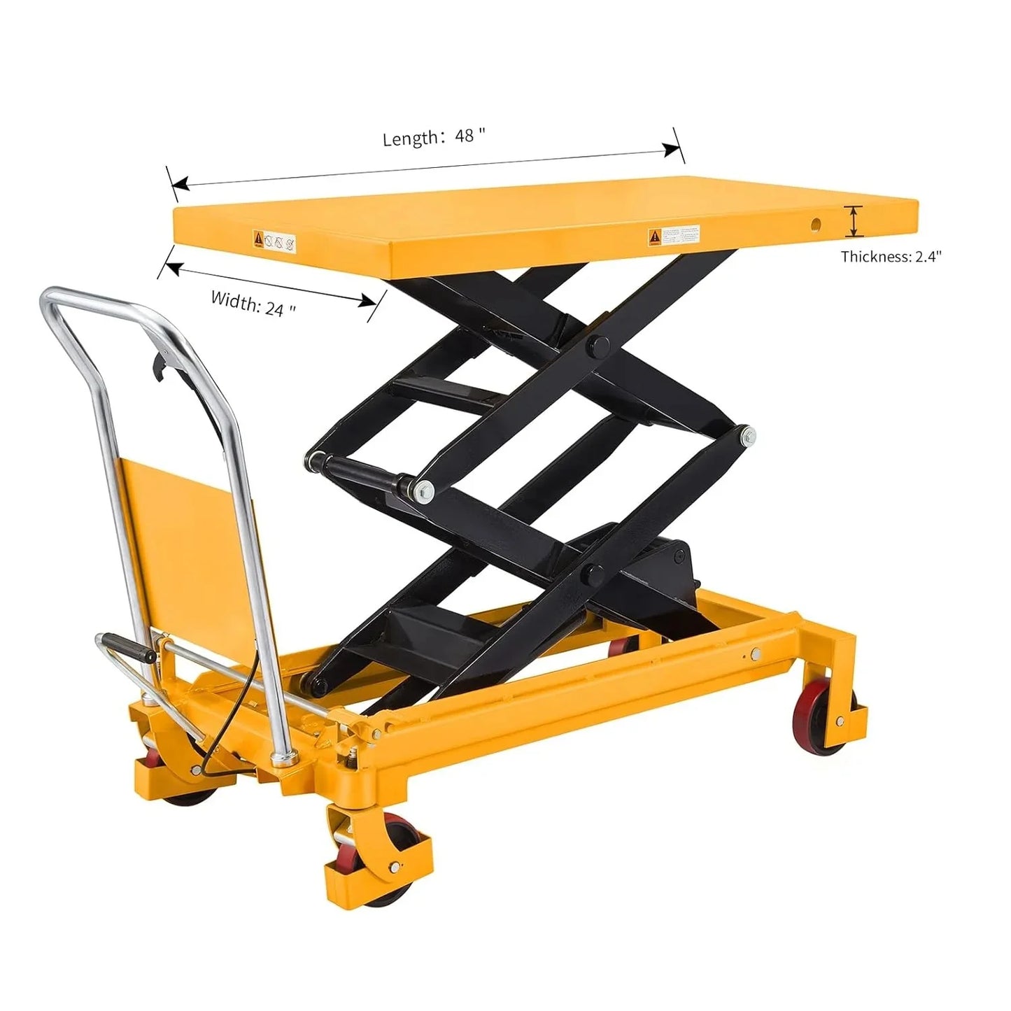 Hydraulic lifting table trolley C load capacity 350 kg, maximum height 130 cm, double scissor lift table with safety device and 4 wheels