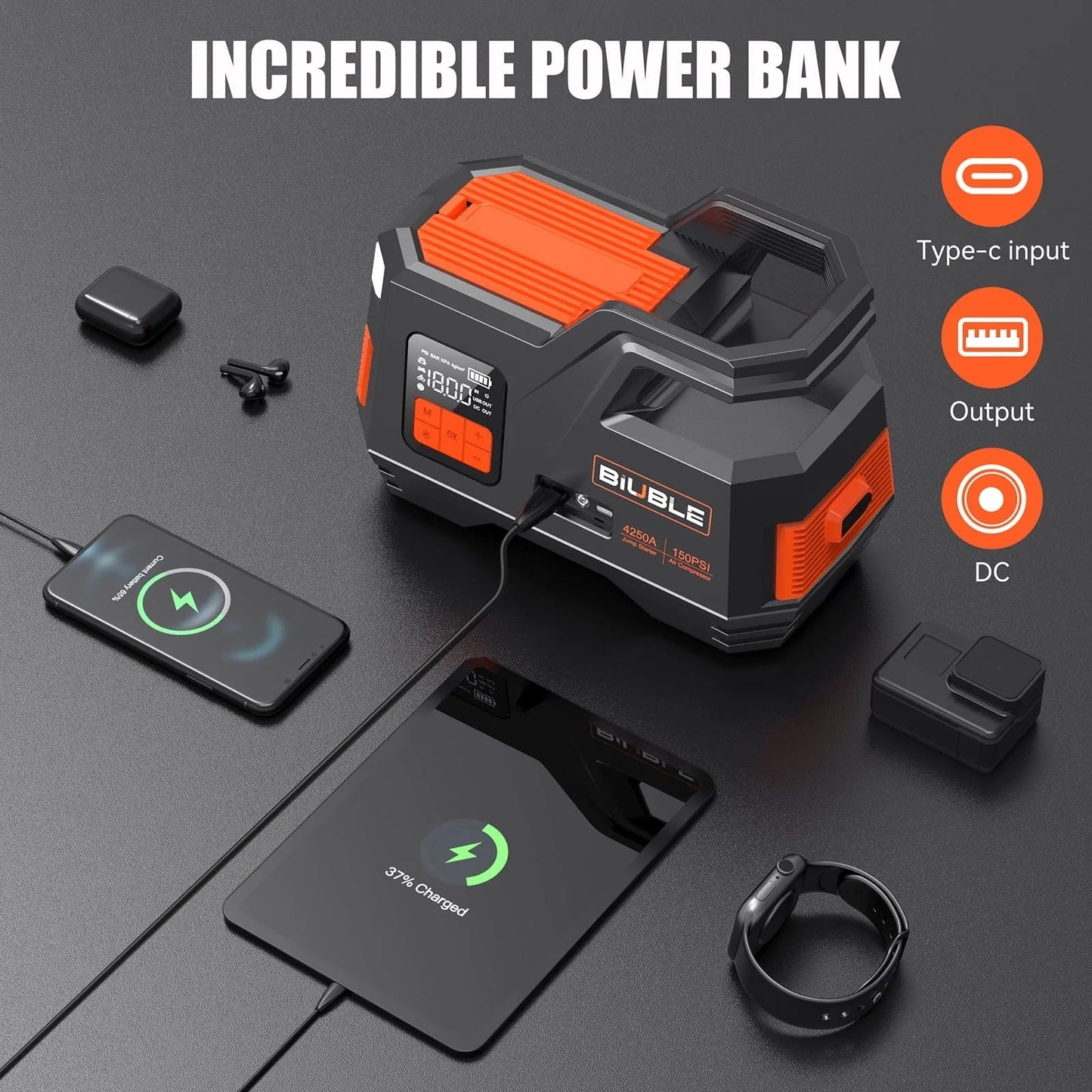 Car Jump Starter with Air Compressor, 4500A Peak 26800mAh 12V Auto with 150PSI Tire Inflator(up to All Gas or 10.0L Diesel Engine)