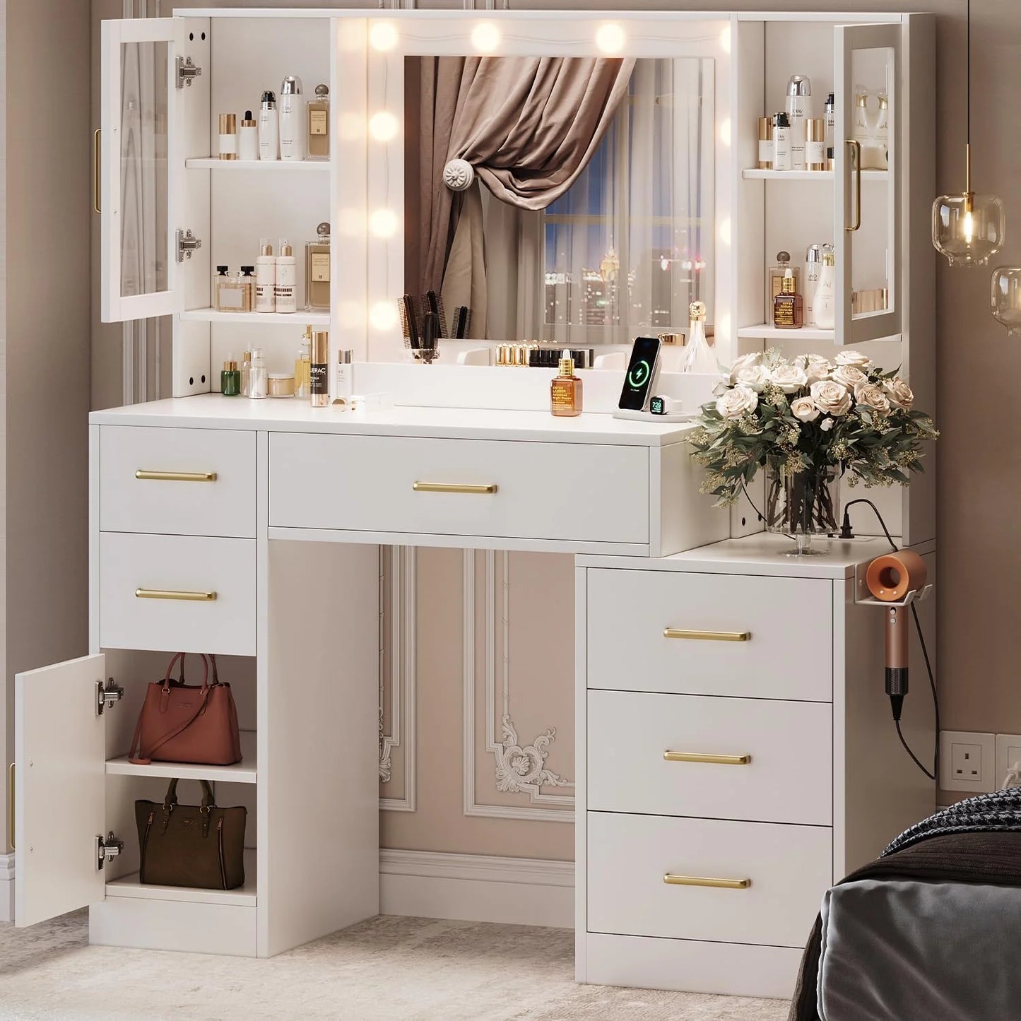 Black Vanity Desk with Mirror, Lights & Charging Station, 58.3" 3 Lighting Modes