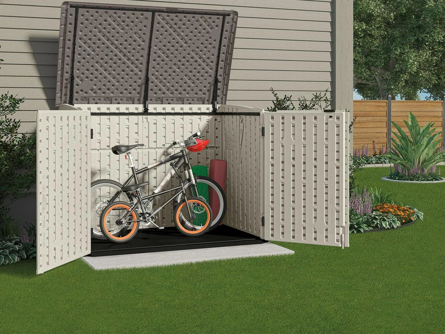 Suncast BMS4700 Resin Storage Shed, Off-White/Gray, 70.5W x 44.25D x 52H, Double Door, UV Resistant
