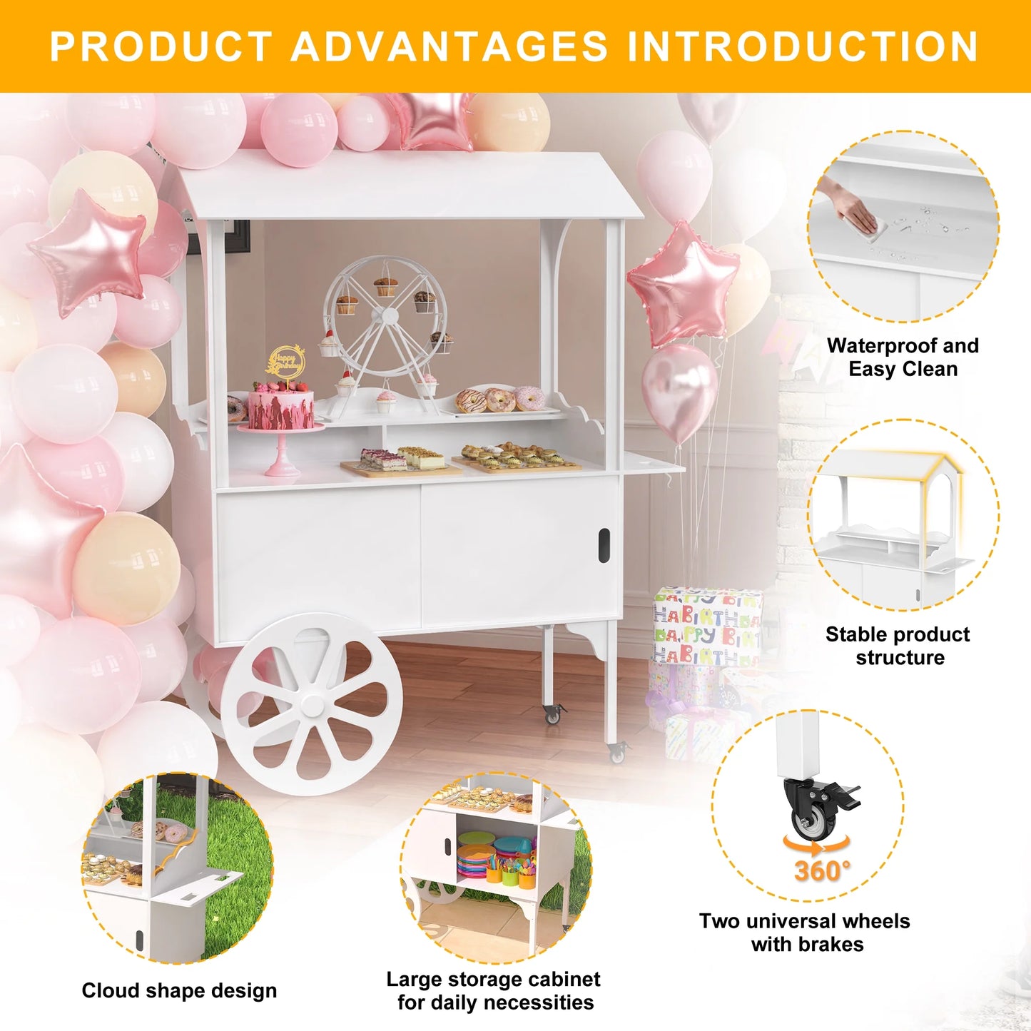 Candy Cart with Wheels for PartyWood Dessert Cart with Storage Cabinet
