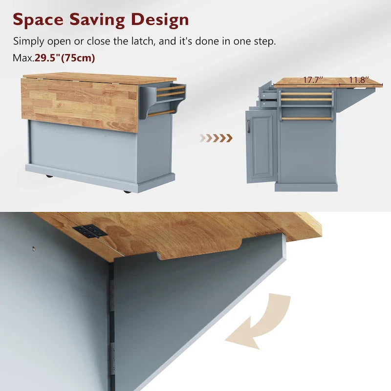 54 Large Kitchen Island with Rubber Wood Drop Leaf, Embossed Texture Rolling Kitchen Cart on 4 Wheels with 4 Doors & 3 Drawers