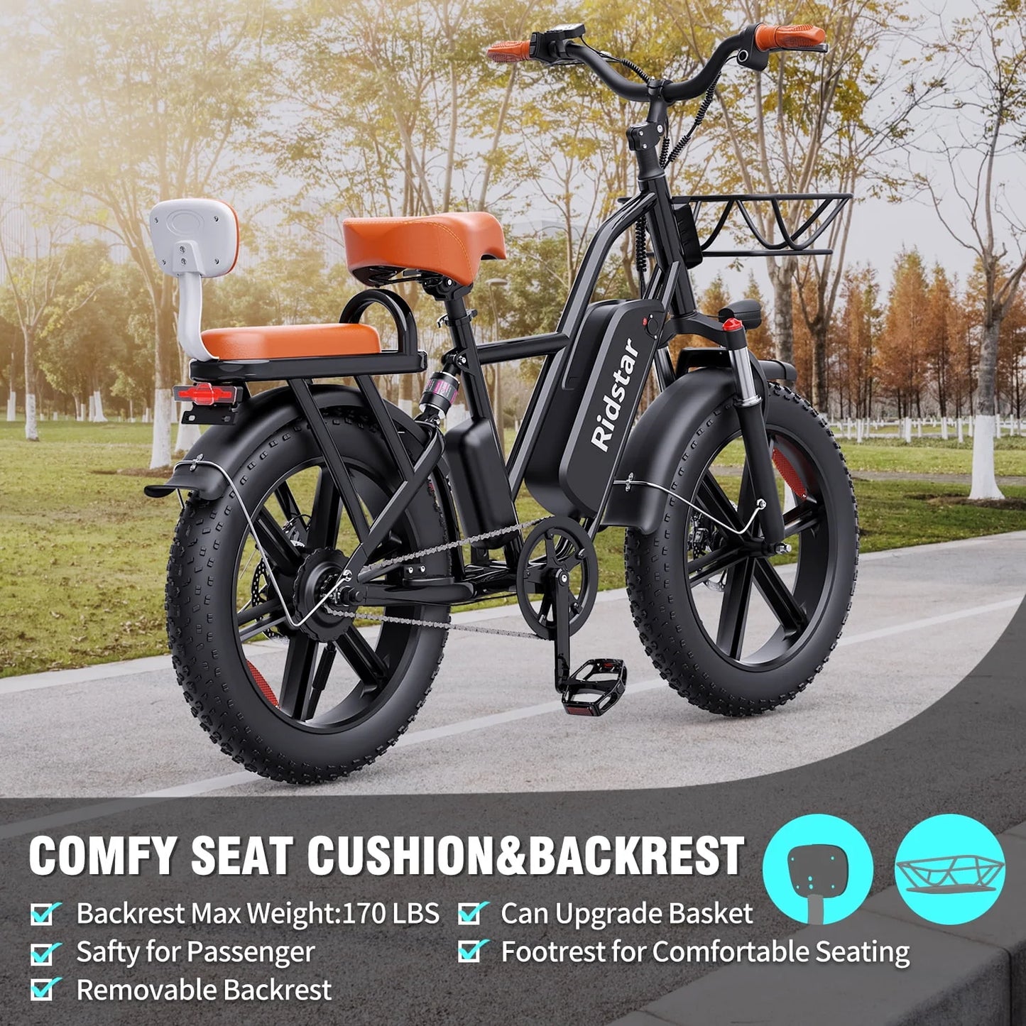 Electric Bike for Adults750W 30-70Miles 48V 15AH Removable Battery Ebike 20" x 4.0 Fat Tire Beach Commuting E-Bike 2 Seater W/Fork Suspension UL2849