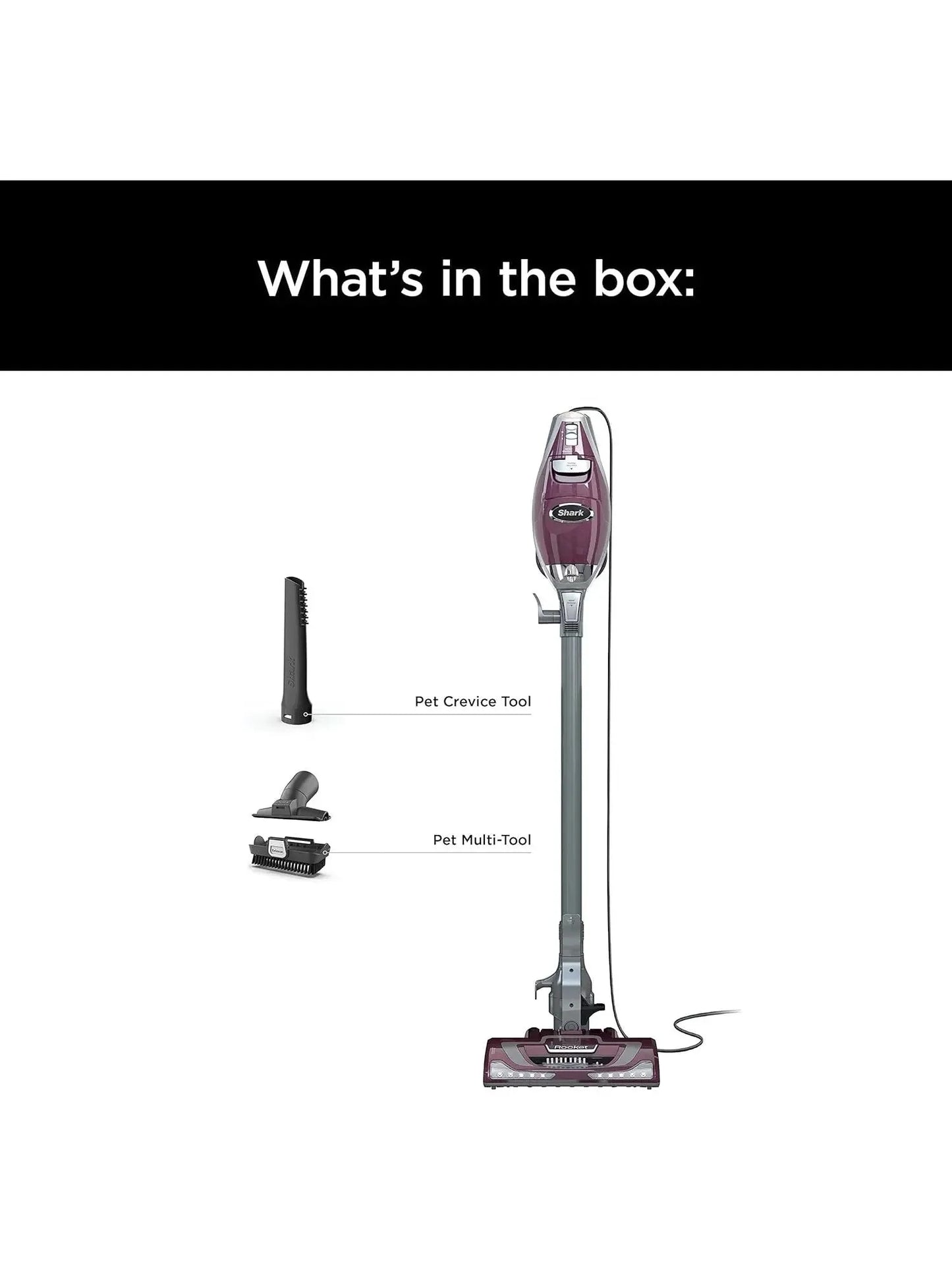 Shark HV322 Rocket Deluxe Pro Corded Stick Vacuum with LED Headlights, XL Dust Cup, Lightweight, Perfect for Pet Hair Pickup, Converts to a Hand Vacuum, with Pet Attachments, Bordeaux/Silver