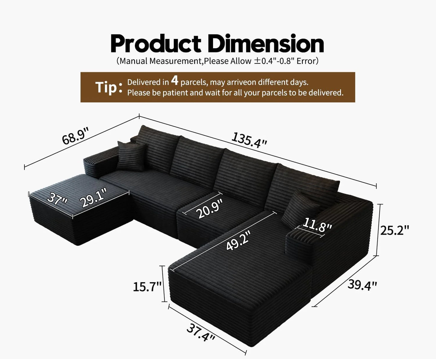 107.5" Cloud Modular Sectional Sofa Couch with L-Shape Chaise,Modern Minimalist Upholstered Couches for Living Room Bedroom,Deep Seat Corner Couch .No Assembly Required (Black,Left Facing Chaise)
