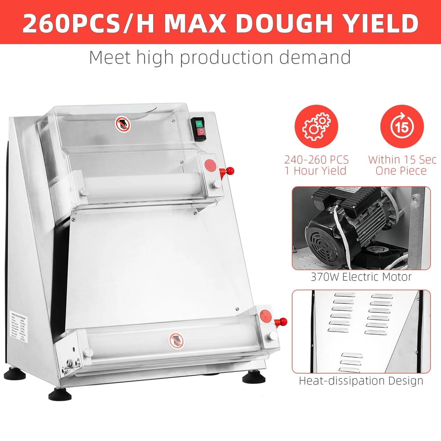 Commercial Pizza Dough Roller Sheeter, Max 16", Automatic 370W Electric Pizza Dough Roller, Stainless Steel, Suitable for Noodle, Pizza Bread and Pasta Maker Equipment