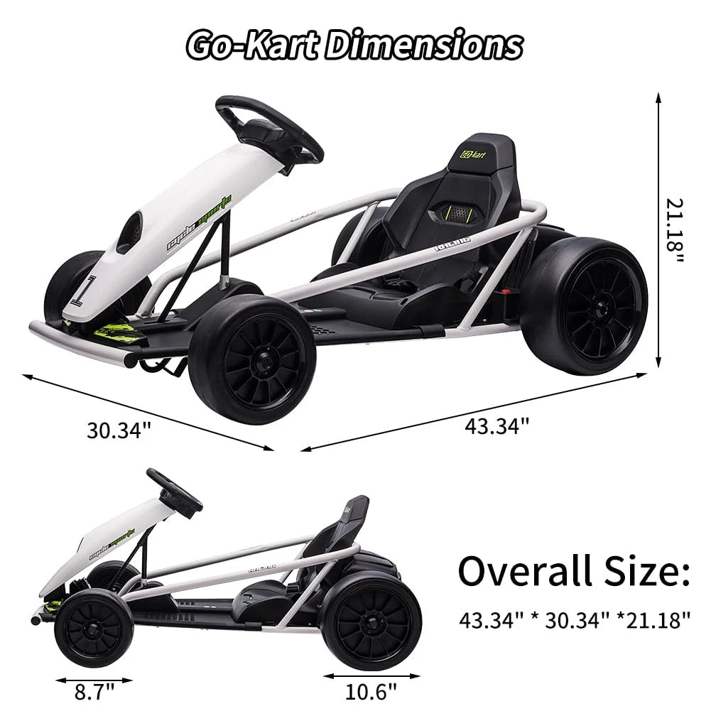 24V Go Kart for Kids 8-12, 300W*2 Motors, 9Ah Battery, 8MPH Speed, Music, Horn, 175lbs Max Load White