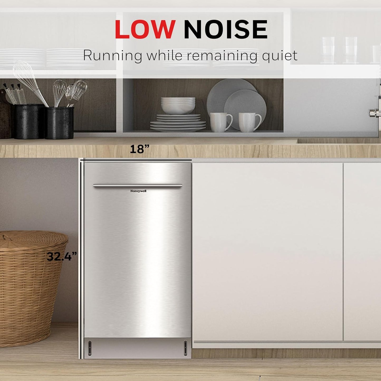 Honeywell 18 Inch Dishwasher with 8 Place settings, 6 Washing Programs, Stainless Steel Tub, UL/Energy Star Stainless Steel