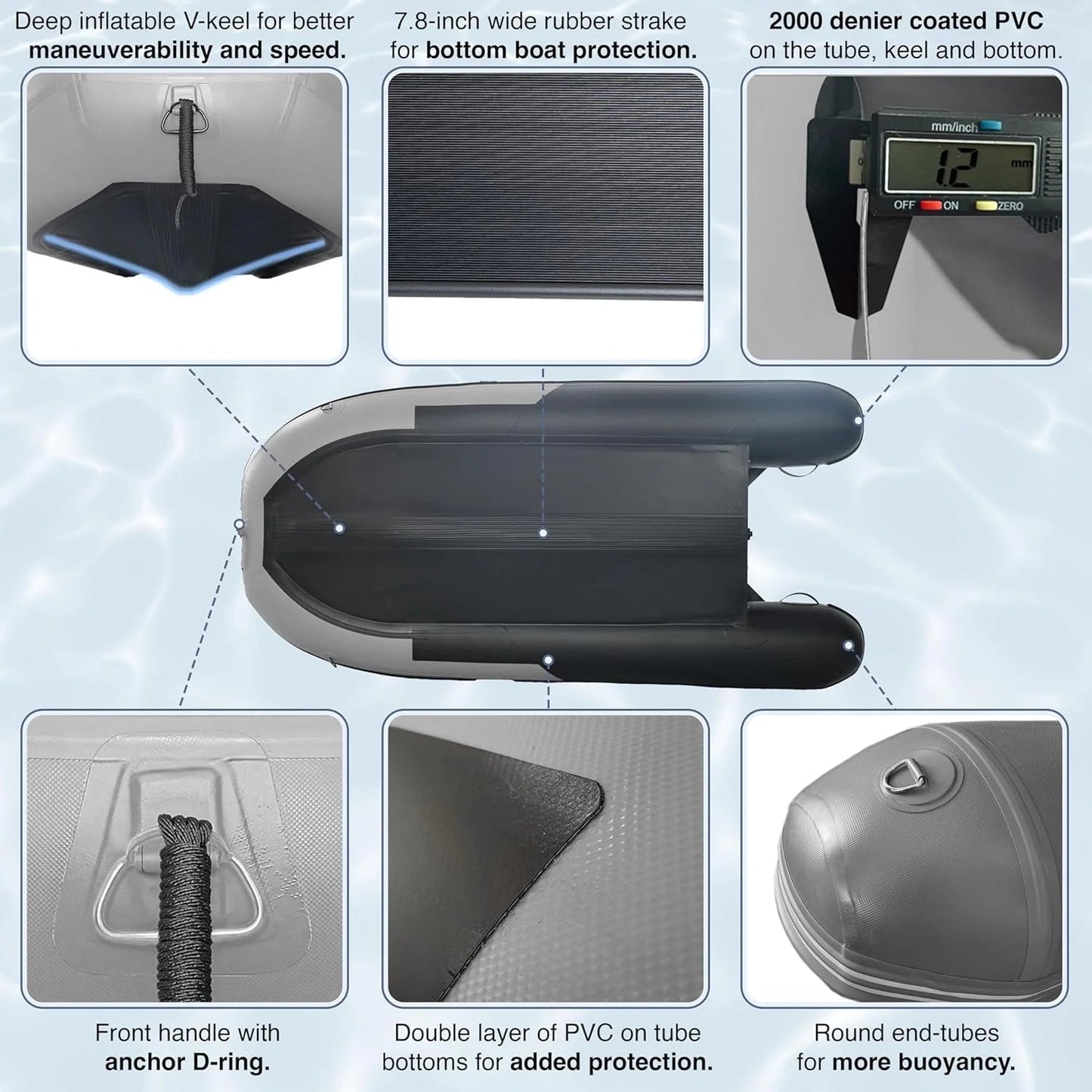 Inflatable Boat | Yacht Dinghy Tender Raft | Multi Person Fishing Boat | Aluminum Floor Oars | Fishing Rod Holders | Heavy-Duty PVC | 2024 Model |