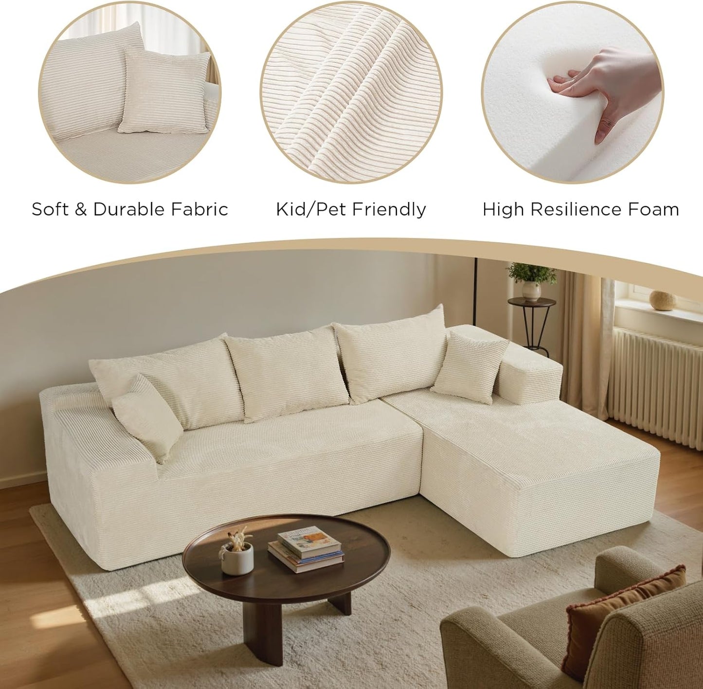 Cloud Sectional Couch with L-Shape Chaise,Modern Modular Sofa with Deep Seat, Upholstered Couches for Living Room Bedroom,No Assembly Required, Beige (Left Facing Chaise)