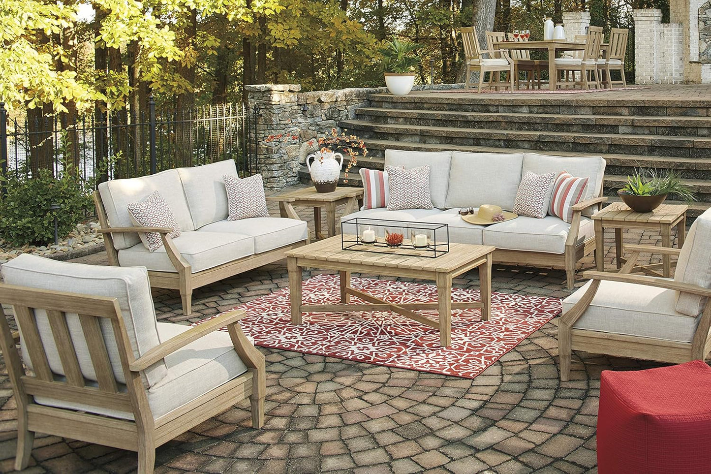 Signature Design by Ashley Clare View Coastal Outdoor Patio Eucalyptus Sofa with Cushions, Beige