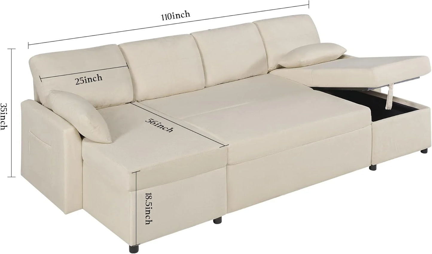 VanAcc Sofa Bed, Sleeper Sofa with Storage Chaise 2 in 1 Pull Out Couch Living Room