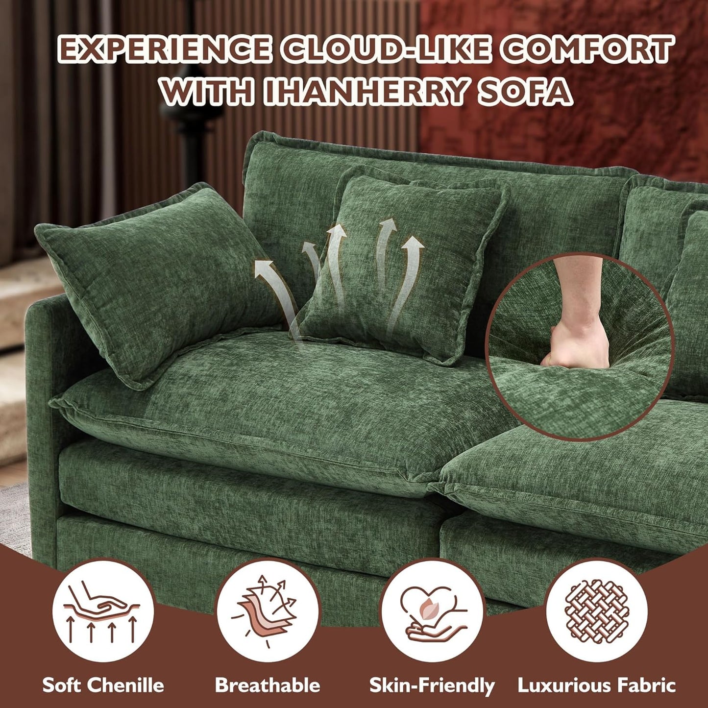 Ihanherry 146" U-Shaped Modern Sofa Modular Sectional Cloud Couch with 2 Ottoman, 6-Seat Chenille Deep Seat Sofa with 6 Pillows for Living Room, Bedroom and Apartment, Grey