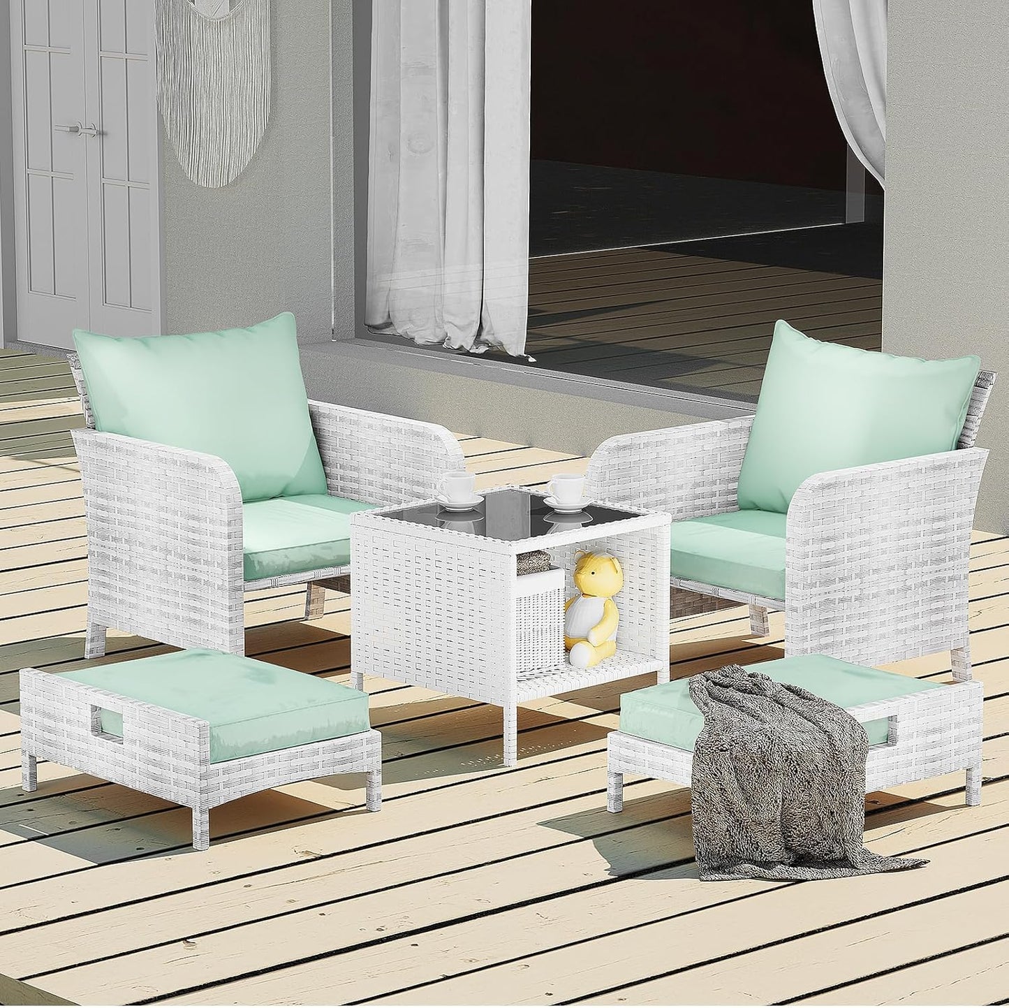 LEVELEVE Balcony Furniture 5 Piece Patio Conversation Set, PE Wicker Rattan Outdoor Lounge Chairs with Soft Cushions 2 Ottoman&Glass Table for Porch, Lawn-Brown Wicker