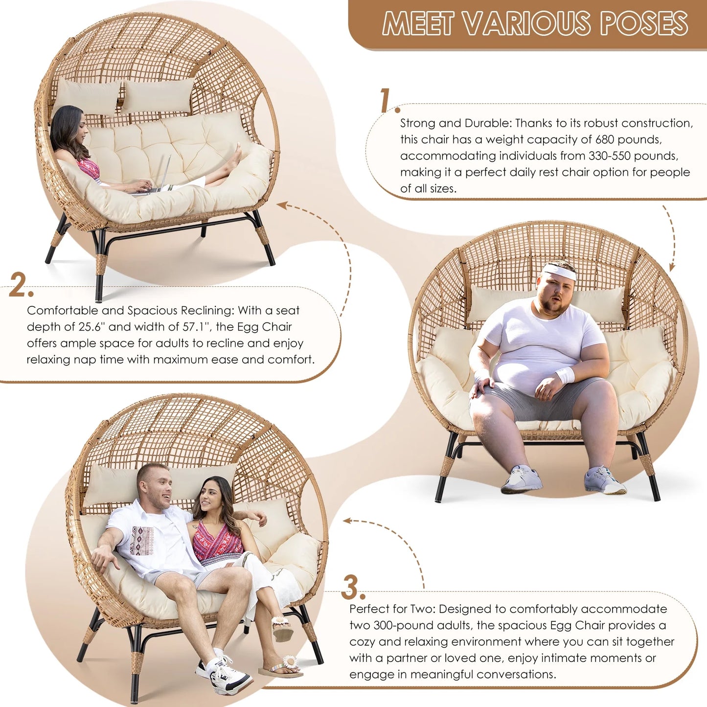 RADIATA Double Egg Chair for 2 Person, Oversized Wicker Loveseat with Thick Cushions, 680 lbs Capacity, Indoor Outdoor Stationary Patio Lounge Chair for Balcony, Garden, Beige