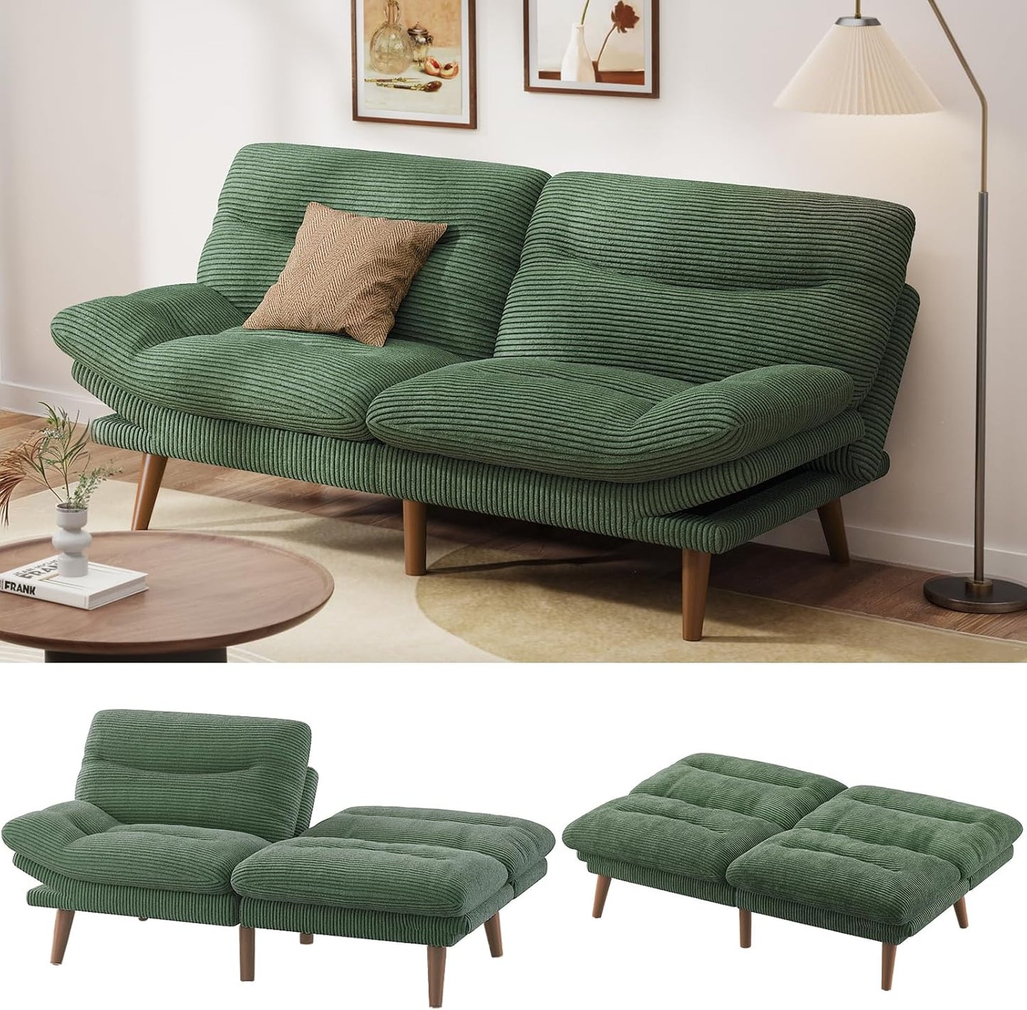 Pipishell Convertible Futon Sofa Bed,66" Corduroy Futon Couch with Adjustable Backrest and Armrests, Recliner Sleeper Sofa for Small Spaces, Play Room or Office, Grey