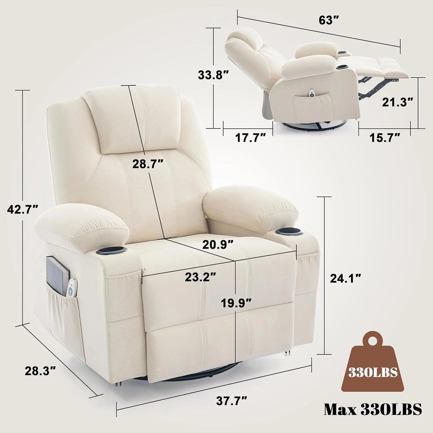 Oversized Swivel Rocker Recliner Chair with Heat and Massage, 360 Degree Swivel Rocking Single Sofa with Cup Holders and USB Port, Large Big Recliner Chair for Living Room (Leather, Brown)