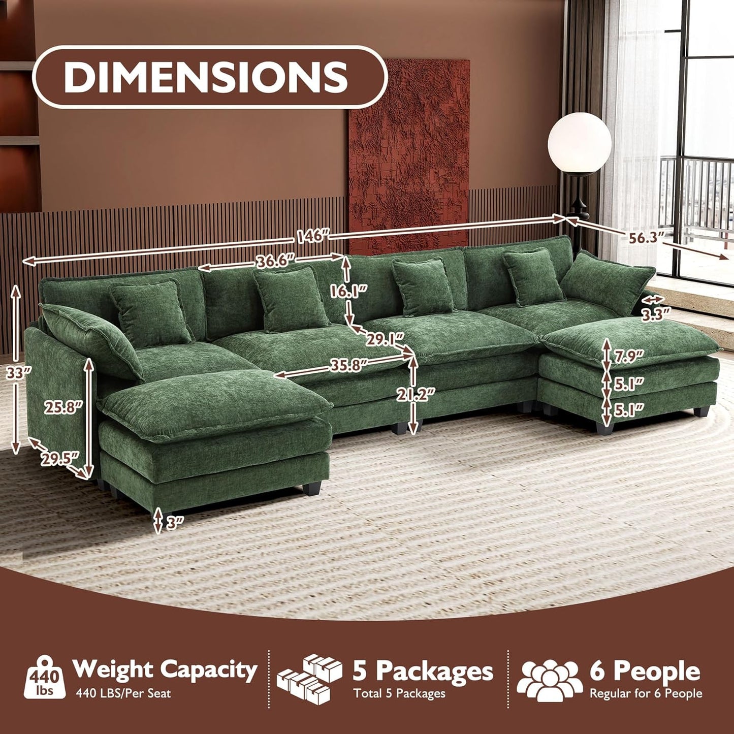Ihanherry 146" U-Shaped Modern Sofa Modular Sectional Cloud Couch with 2 Ottoman, 6-Seat Chenille Deep Seat Sofa with 6 Pillows for Living Room, Bedroom and Apartment, Grey