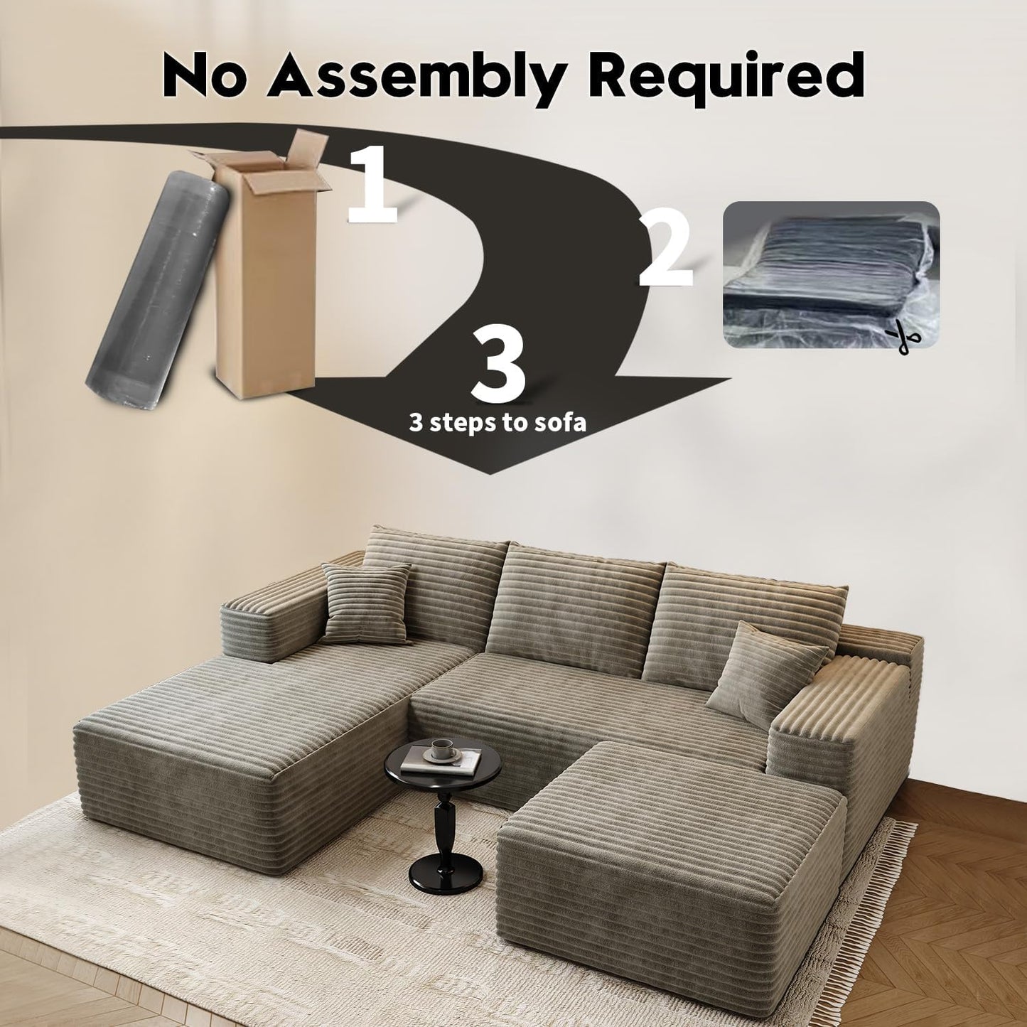 107.5" Cloud Modular Sectional Sofa Couch with L-Shape Chaise,Modern Minimalist Upholstered Couches for Living Room Bedroom,Deep Seat Corner Couch .No Assembly Required (Black,Left Facing Chaise)