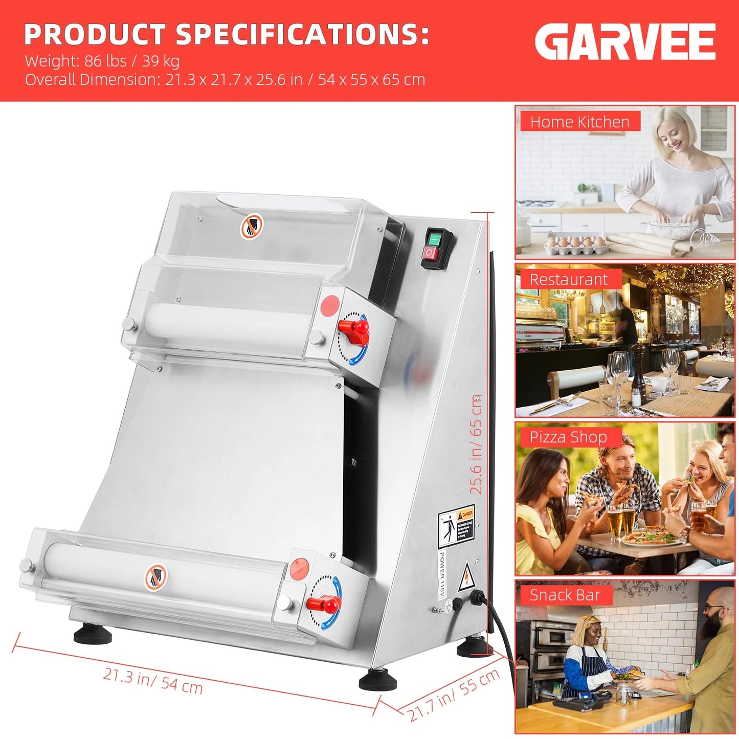 Commercial Pizza Dough Roller Sheeter, Max 16", Automatic 370W Electric Pizza Dough Roller, Stainless Steel, Suitable for Noodle, Pizza Bread and Pasta Maker Equipment