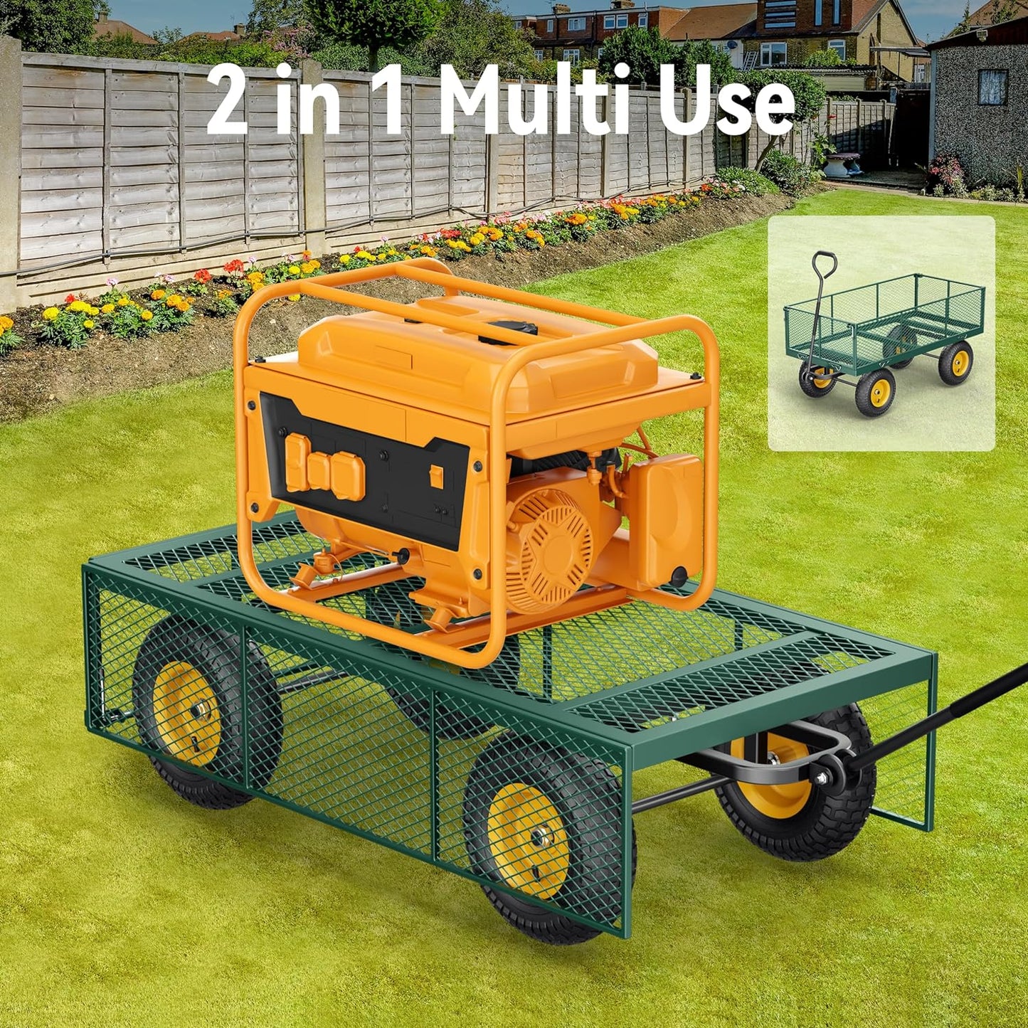Steel Garden Cart 2-in-1 1400 lbs Heavy Duty Utility Wagon with Removable Mesh Sides to Convert into Flatbed 240?? U-Turn 13" Pneumatic Tires Garden Wagon for Farm Yard Lawn Garden Camping