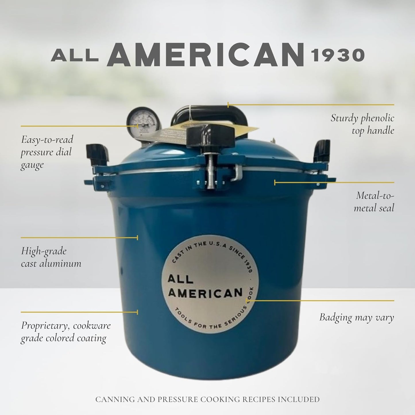 All American 1930: 21.5qt Pressure Cooker/Canner (The 921) – Exclusive Metal to Metal Sealing System – Easy to Open & Close – Suitable for Gas, Electric, or Flat Top Stoves – Made in the USA