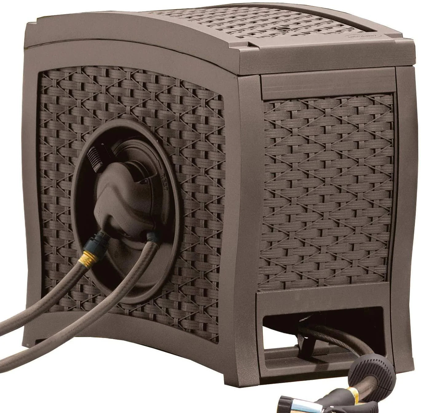 Suncast Aquawinder 125 Wicker Garden Hose Reel Lightweight Portable Hands Free Water Powered Retractable Hose Reel Java