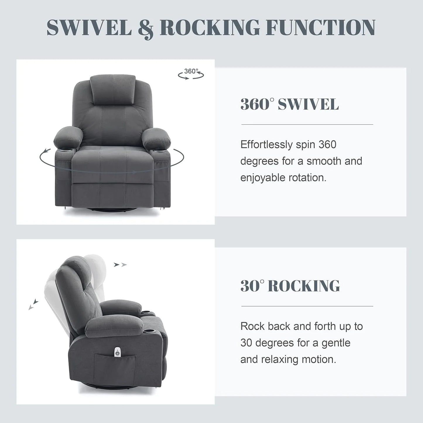 Oversized Swivel Rocker Recliner Chair with Heat and Massage, 360 Degree Swivel Rocking Single Sofa with Cup Holders and USB Port, Large Big Recliner Chair for Living Room (Leather, Brown)