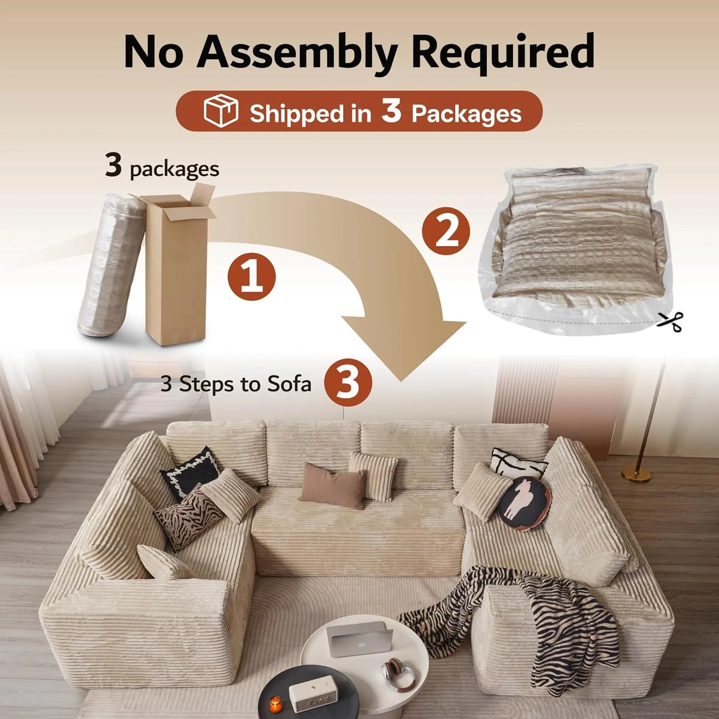 ovios 104" Cloud Sectional Couch with L-Shape Chaise,Modern Modular Sofa with Deep Seat, Upholstered Couches for Living Room Bedroom,No Assembly Required, Grey (Plush Corduroy Fabric)