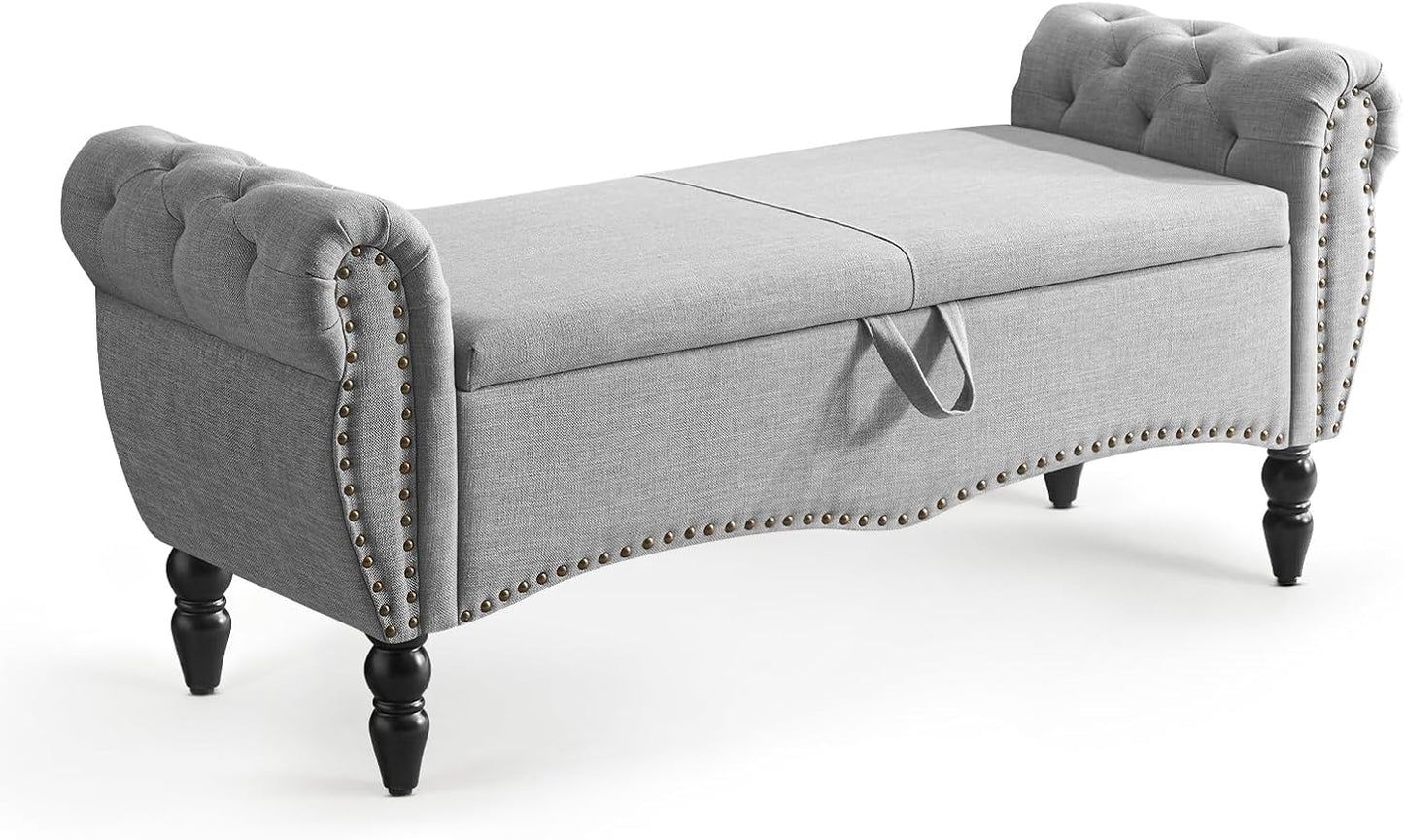 Furniliving Modern Storage Ottoman Bench, Sherpa Ottoman End of Bed Bench with Solid Wood Legs Upholstered Ottoman Benches with Storage Indoor Bench for Living Room with Rolled Arm, Entryway, White
