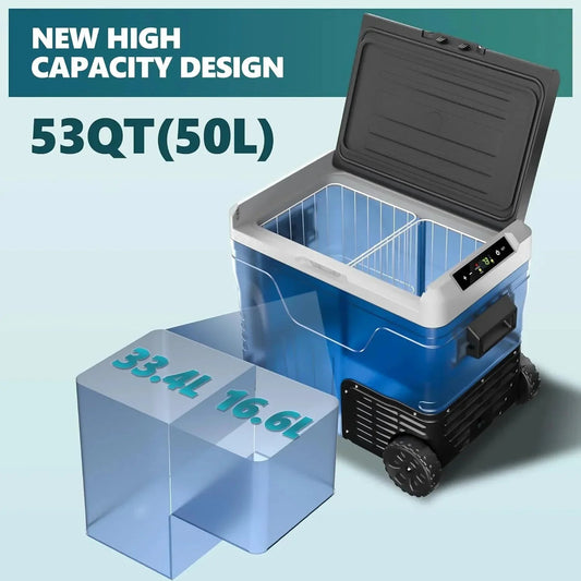 12 Volt Refrigerator, 53QT(50L) Electric Cooler, Portable Freezer 12V/24V DC 110-240V AC, 12V Fridge -4~68, 12V Cooler with Wheels & 2 Baskets for Travel, Truck, Boat, Camping