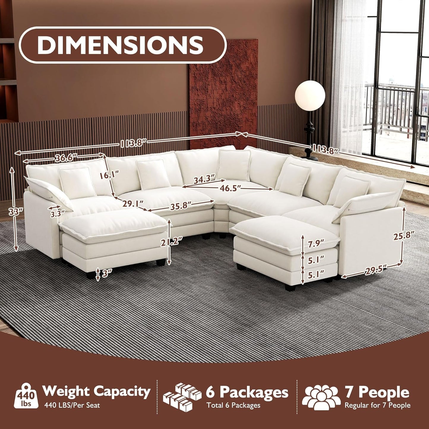 Ihanherry 146" U-Shaped Modern Sofa Modular Sectional Cloud Couch with 2 Ottoman, 6-Seat Chenille Deep Seat Sofa with 6 Pillows for Living Room, Bedroom and Apartment, Grey