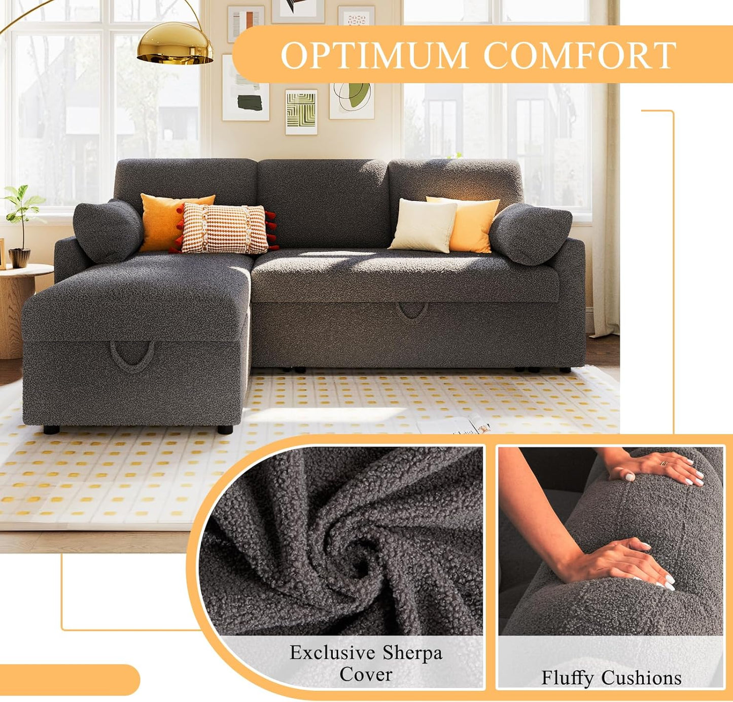 VanAcc Sofa Bed, Sleeper Sofa with Storage Chaise 2 in 1 Pull Out Couch Living Room