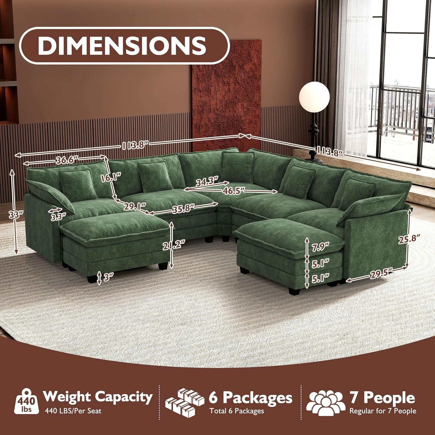 Ihanherry 146" U-Shaped Modern Sofa Modular Sectional Cloud Couch with 2 Ottoman, 6-Seat Chenille Deep Seat Sofa with 6 Pillows for Living Room, Bedroom and Apartment, Grey