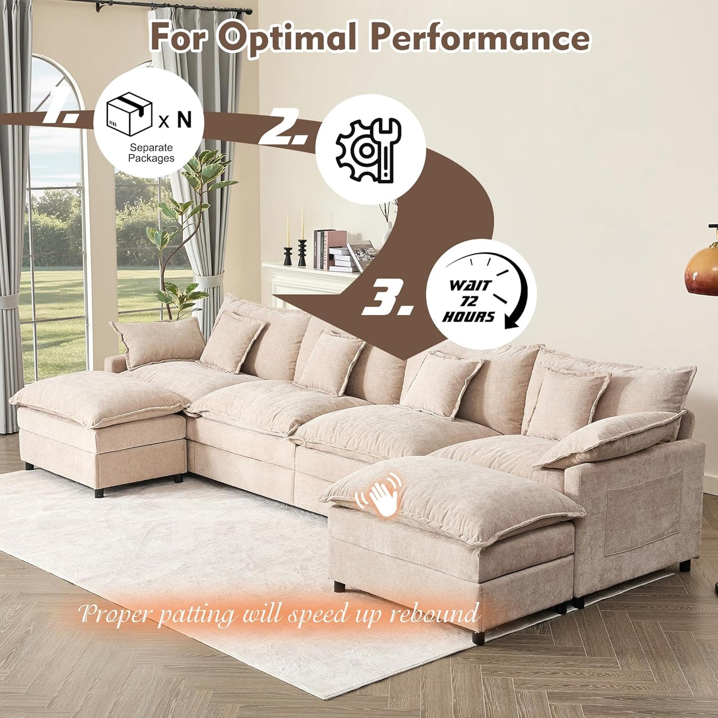 108 Inch U Shape Sofa Sectional Sofa Comfortable Cloud Sofa with Removable Footstool