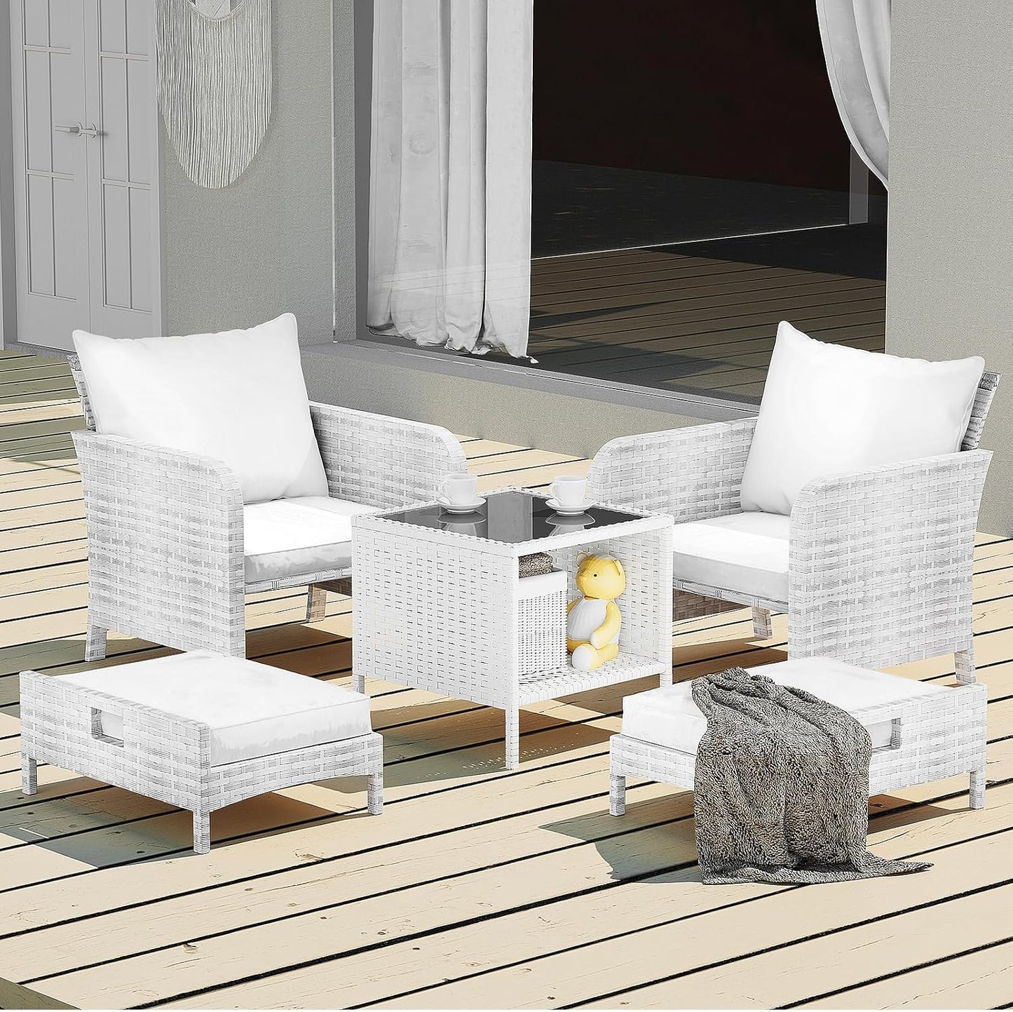 LEVELEVE Balcony Furniture 5 Piece Patio Conversation Set, PE Wicker Rattan Outdoor Lounge Chairs with Soft Cushions 2 Ottoman&Glass Table for Porch, Lawn-Brown Wicker