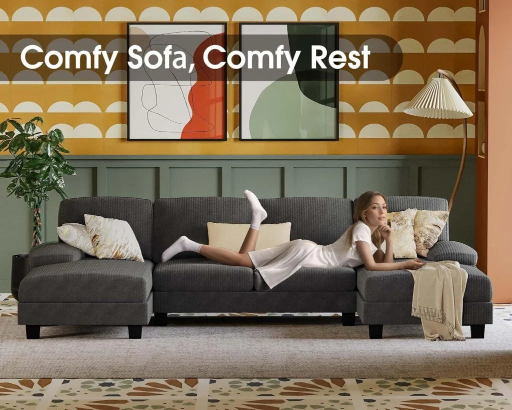 Furmax Sectional Couches for Living Room, U-Shaped Sofa Couch with Linen Fabric, 4 Seat Sofa Set with Double Chaise for Apartment (Fabric, Grey)