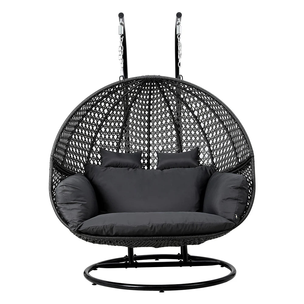 Gardeon Outdoor Egg Swing Chair Wicker Furniture Pod Stand Cushion 2 Seater Grey