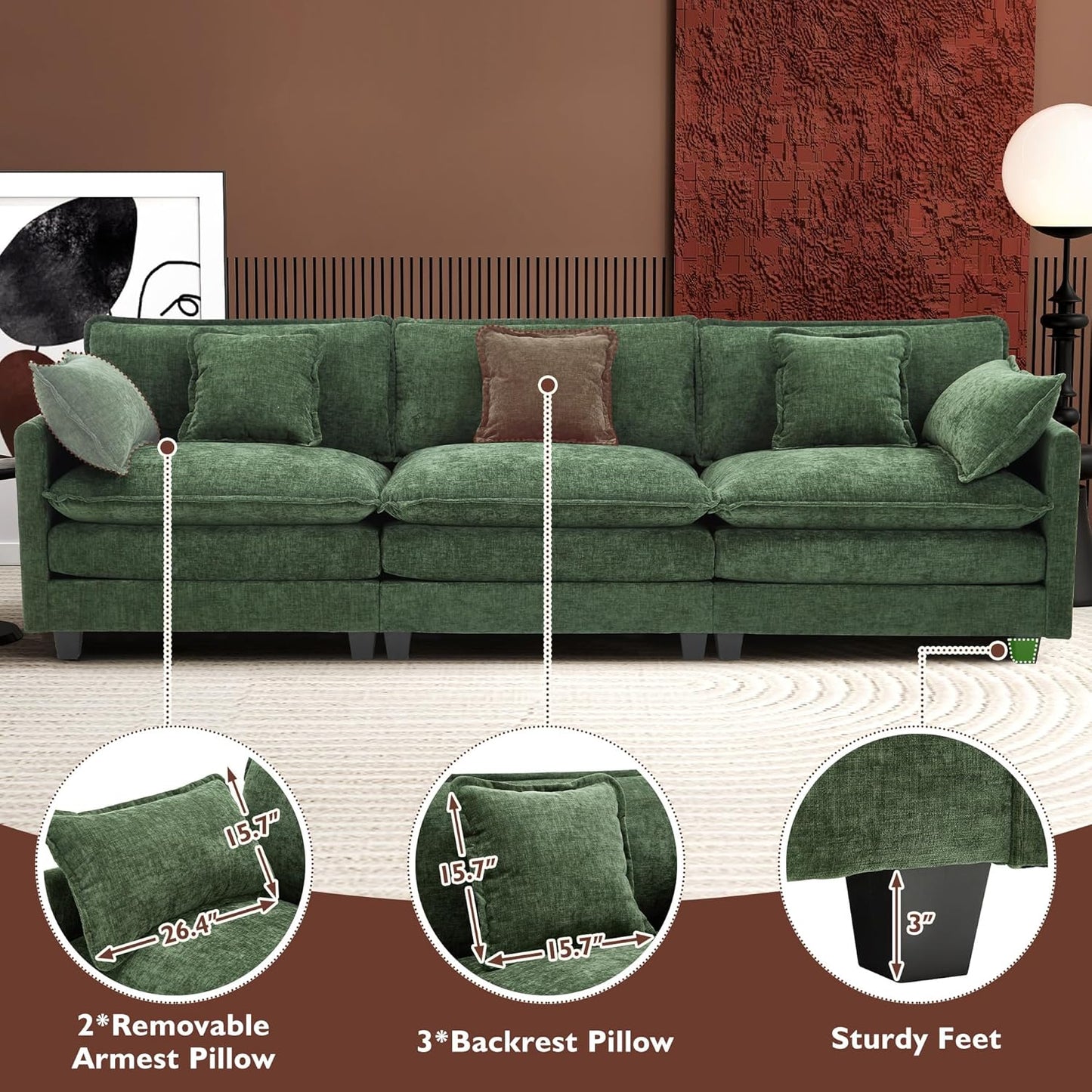 111.4 Inch L-Shaped Modern Sofa Modular Cloud Sofa Ottoman 4-Seater Chenille Deep Seat Sofa