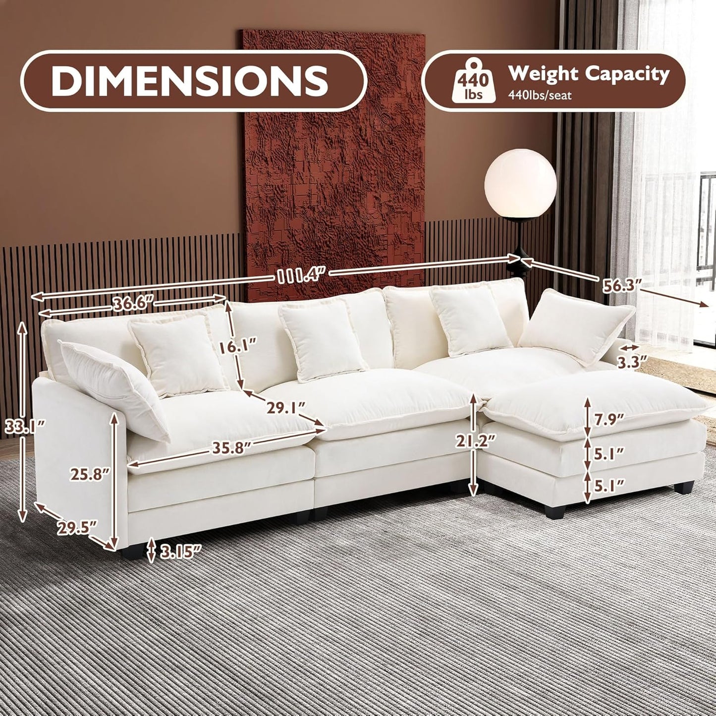 Ihanherry 146" U-Shaped Modern Sofa Modular Sectional Cloud Couch with 2 Ottoman, 6-Seat Chenille Deep Seat Sofa with 6 Pillows for Living Room, Bedroom and Apartment, Grey
