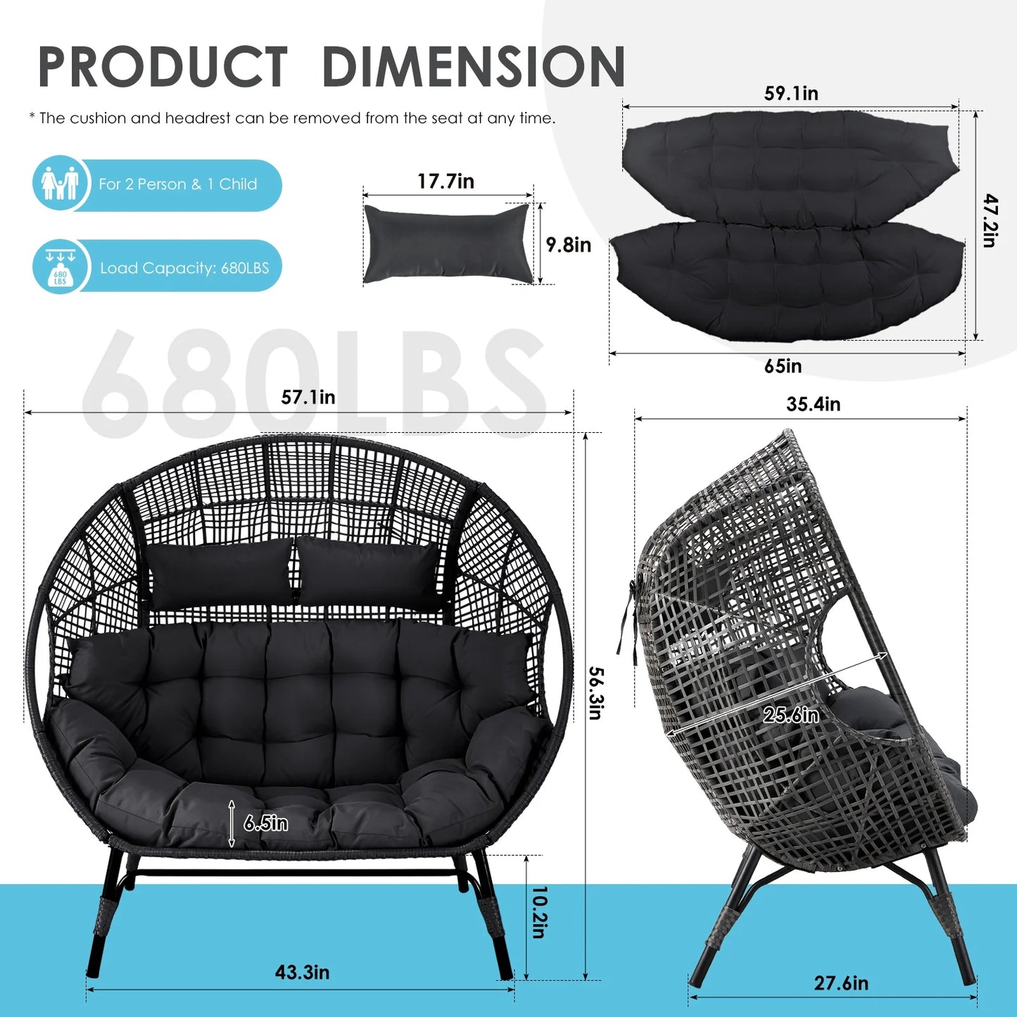 RADIATA Double Egg Chair for 2 Person, Oversized Wicker Loveseat with Thick Cushions, 680 lbs Capacity, Indoor Outdoor Stationary Patio Lounge Chair for Balcony, Garden, Beige