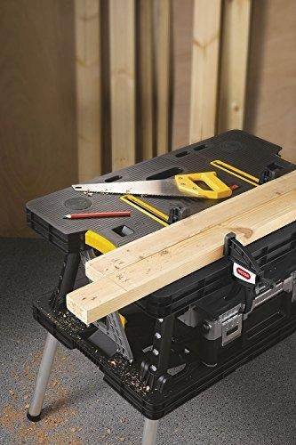 Keter C 197283 Folding Table Work Bench for Miter Saw Stand, Woodworking Tools and Accessories with Included 12 Inch Wood Clamps C Easy Garage Storage Black/Yellow