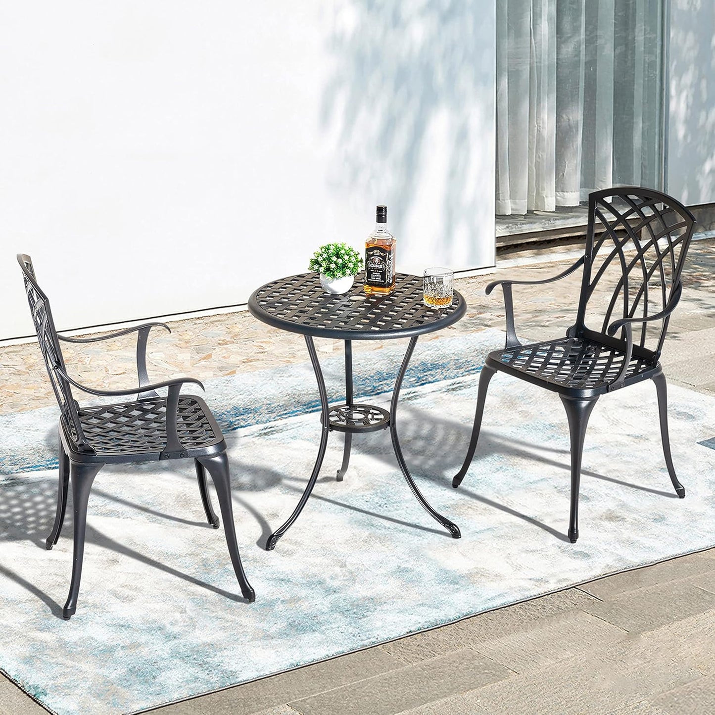 NUU GARDEN Bistro Set 3 Piece Outdoor Cast Aluminum Patio Bistro Set Patio Table and Chairs Set of 2 with Umbrella Hole and Gray Cushions, Black